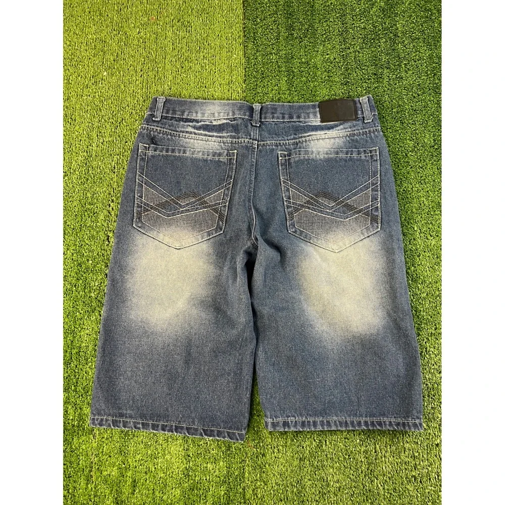 Sacred Crow Mens 34 Baggy Distressed Denim Jorts Blue Embroidered Y2K Streetwear